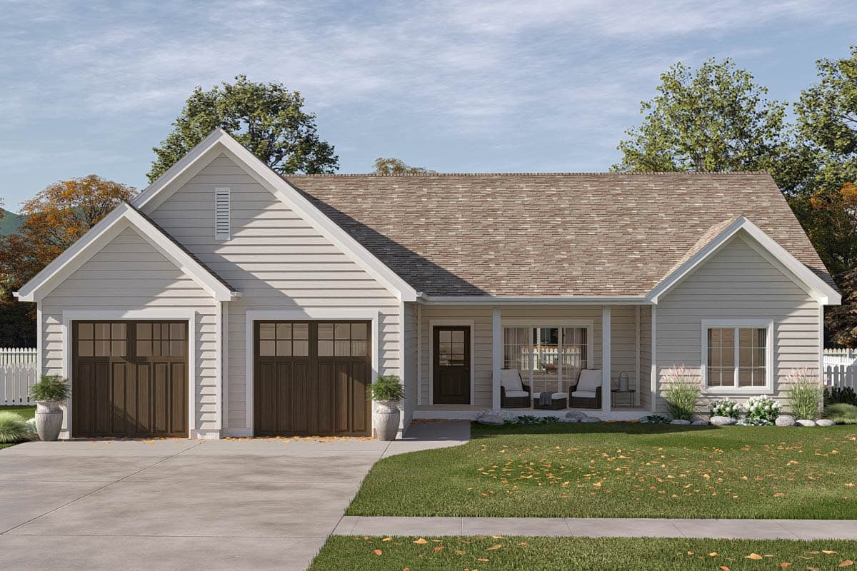 House plan exterior: One-story Modern Farmhouse with vinyl siding, a covered front porch, and a two-car side-entry garage.