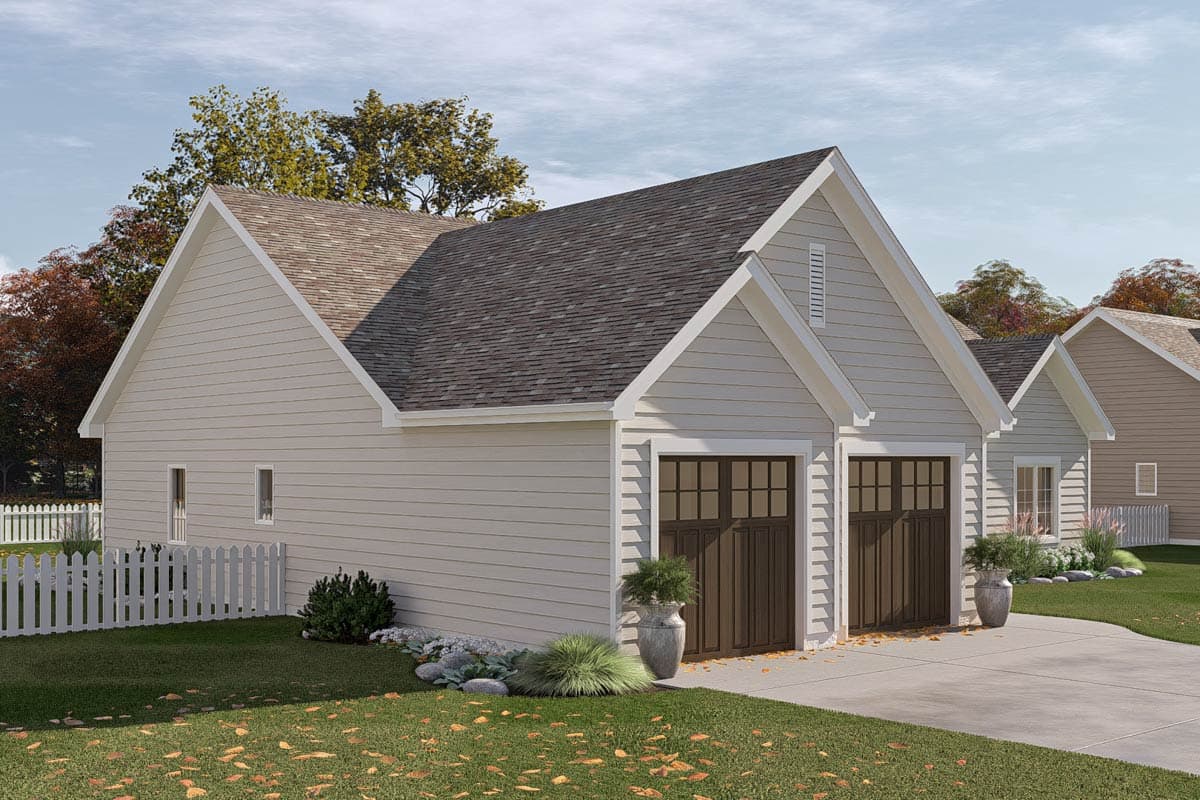 House plan exterior: Two-story modern farmhouse with a dual garage, gabled roofs, and horizontal siding.