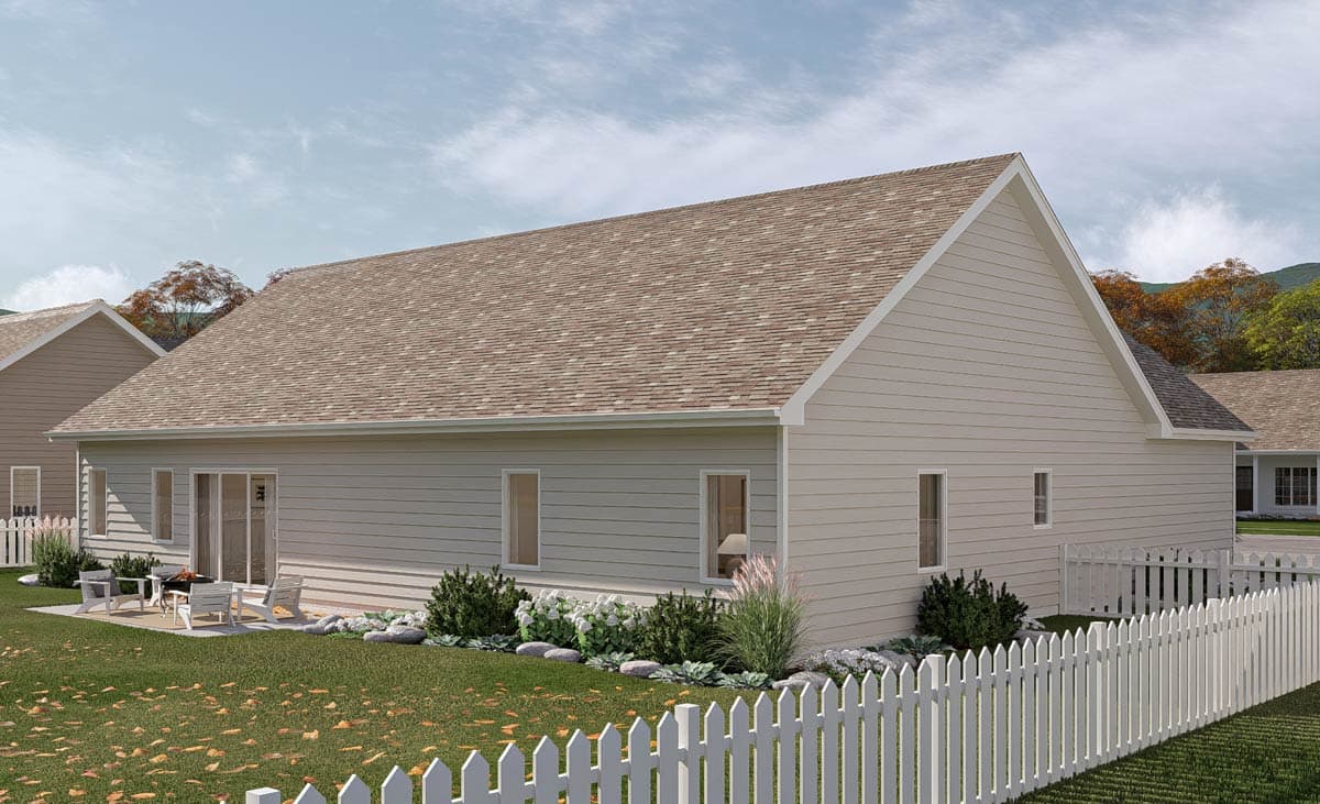 House plan exterior: Ranch style, single-story home with horizontal siding, gabled roof, and patio doors.