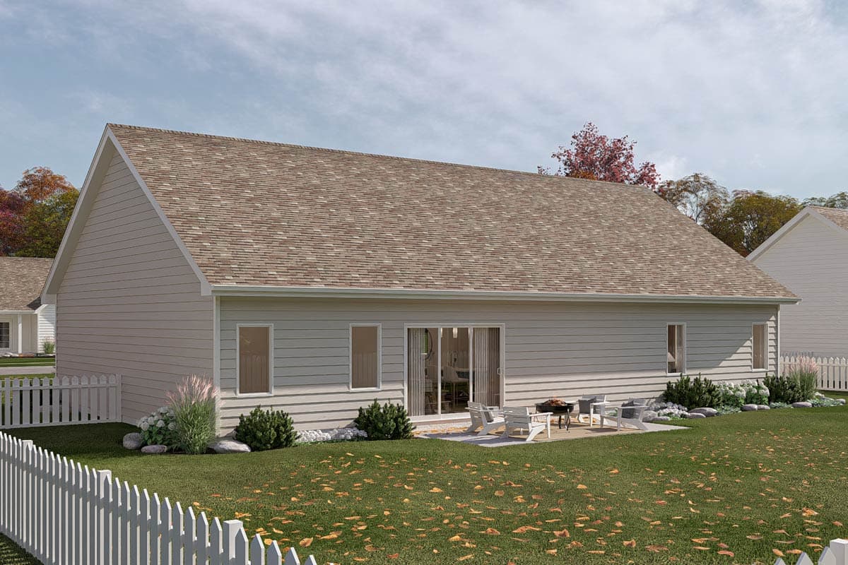 House plan exterior: Modern Farmhouse style, one story, with horizontal siding, gable roof, and patio access.