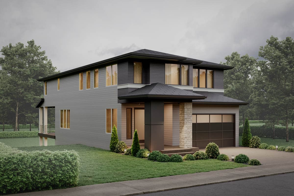 Two-story house plan exterior with stacked stone accents, a covered entry, and a two-car garage.