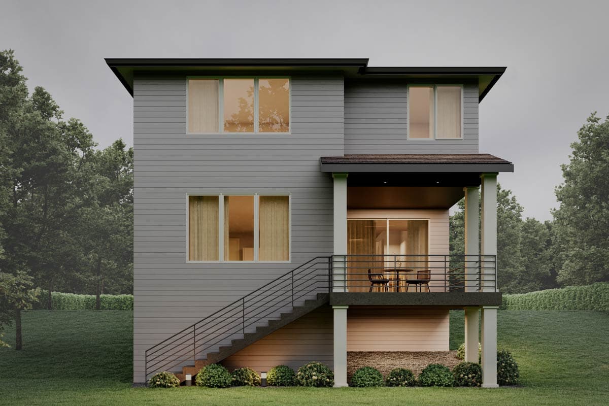 House plan exterior of a two-story modern home with horizontal siding, upper and lower windows, and a covered balcony with railing.