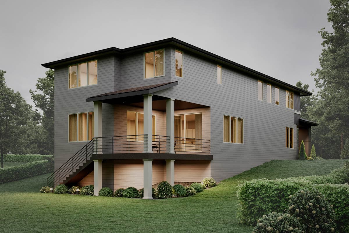 House plan exterior, two stories, modern style, with covered deck, porch columns, and exterior staircase.