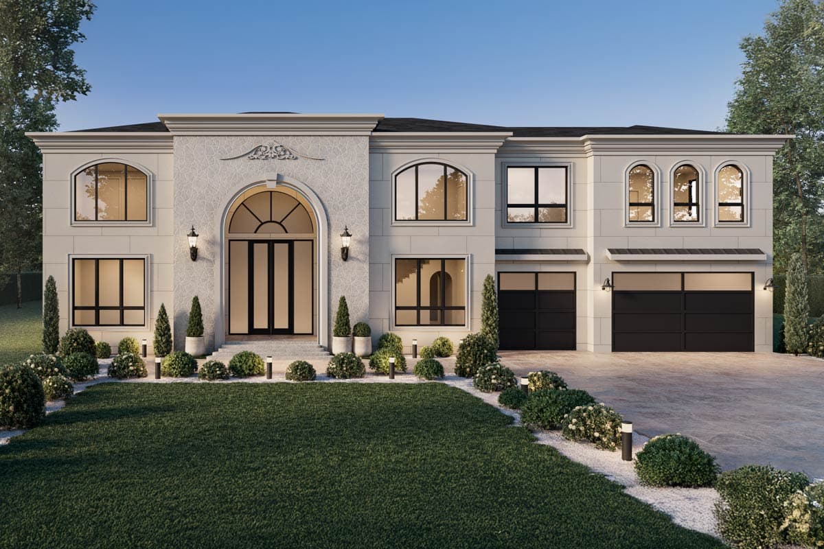 Two-story house plan exterior with arched entryway, symmetrical windows, and two-car garage.