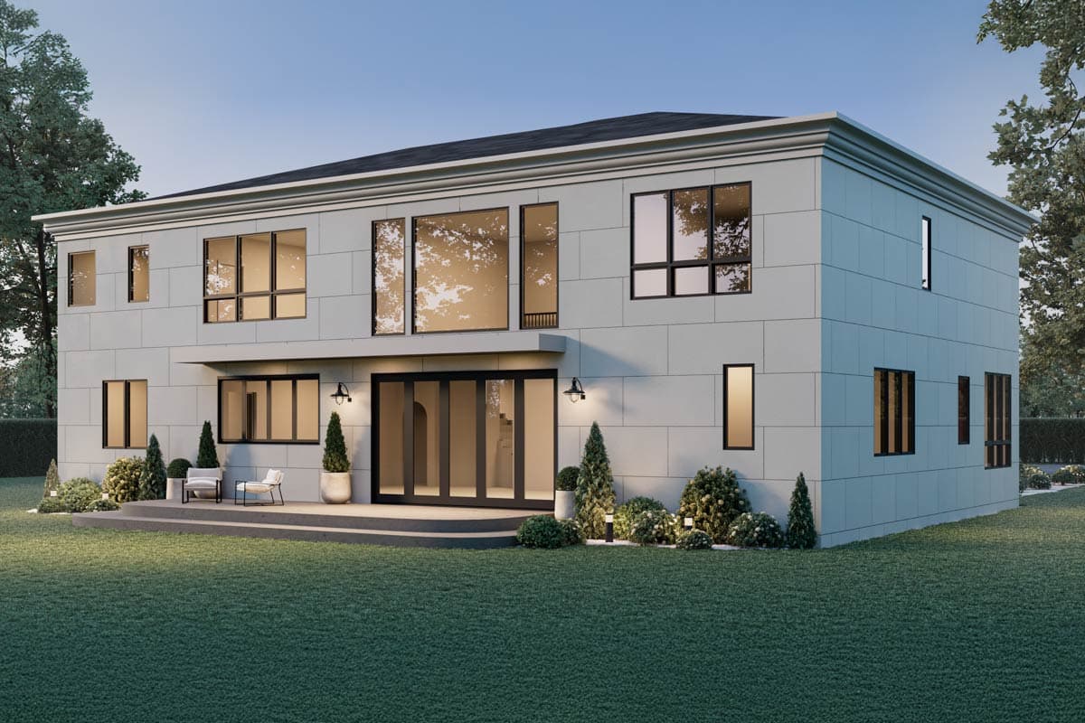 Modern two-story house plan exterior with a flat roof, large casement windows, and sliding glass doors.