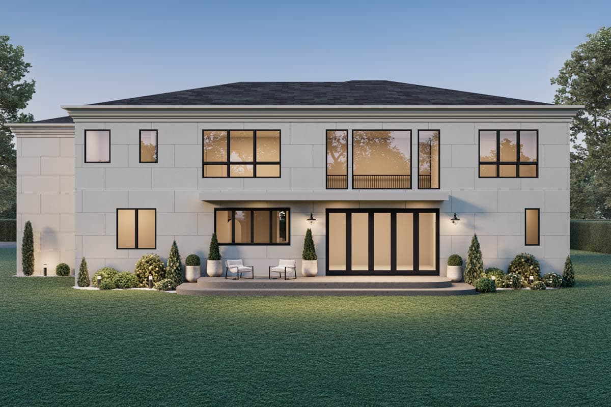 Two-story house plan exterior with modern horizontal panel siding, large casement windows, and a bi-fold glass door system.