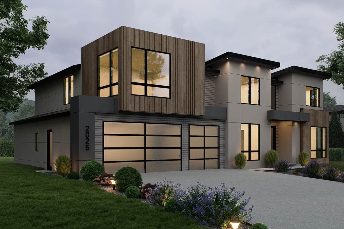 Modern two-story house plan exterior with cantilevered wood-clad upper level, horizontal siding, and frosted glass garage doors.