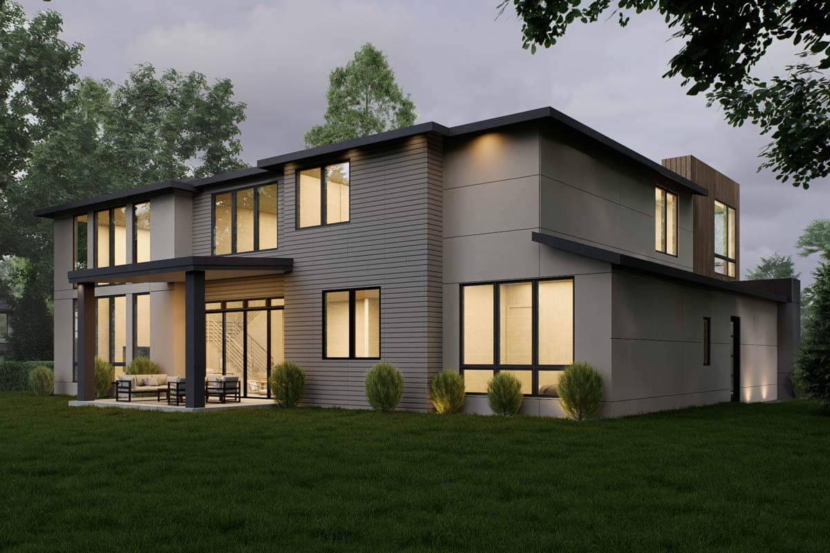 Two-story modern house plan exterior with cantilevered rooflines, horizontal siding, and large glass windows.