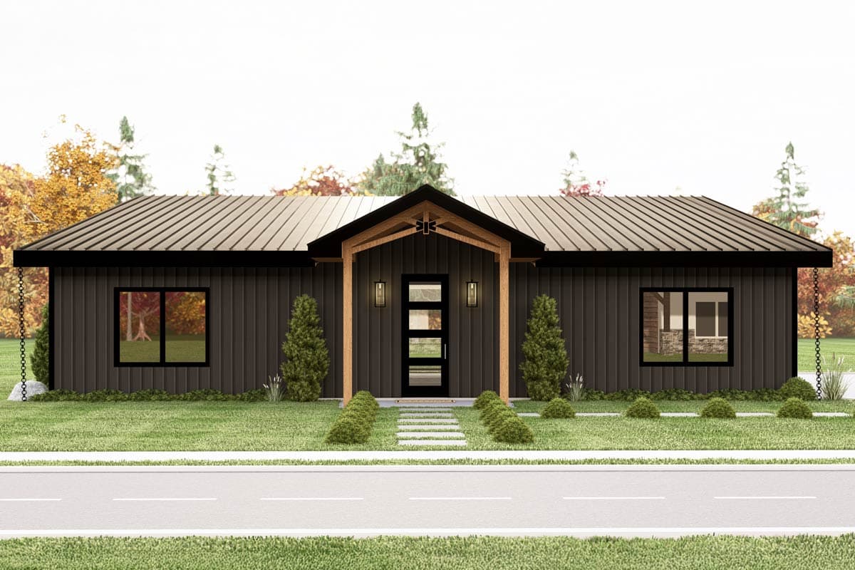 House plan exterior: Modern single-story with a metal roof, exposed wood gable entry, and dark vertical siding.