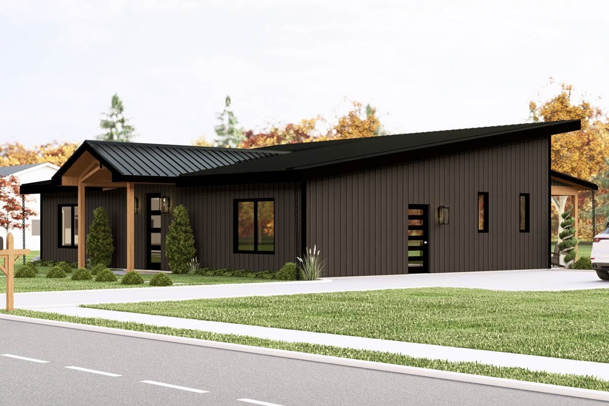Modern single-story house plan with a dark metal exterior, asymmetrical roofline, covered entry with wood beams, and multiple windows.
