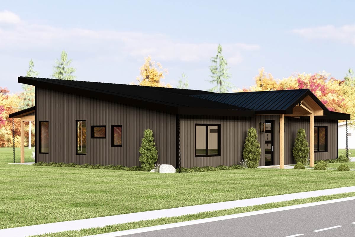 Modern house plan exterior with a single story, dark vertical siding, asymmetric roofline, and covered entry porch with exposed wood beams.
