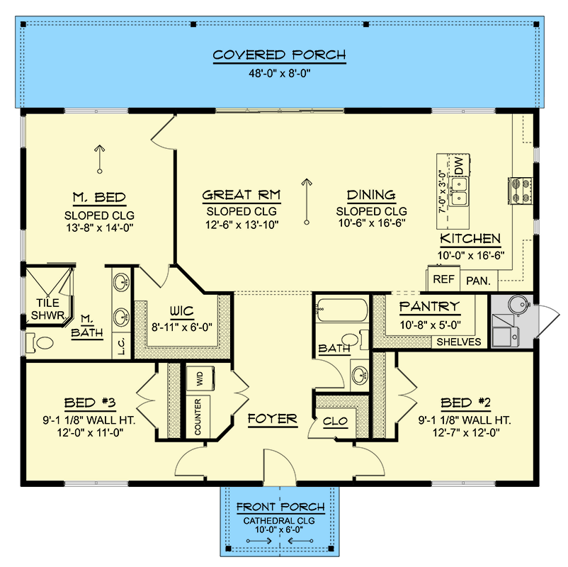 Plan 135403GRA: Contemporary Mountain House Plan with Expansive Covered Porch and Two-Story Great Room - Floor Plan - Main Level - Contemporary, Country, Modern Farmhouse, Mountain