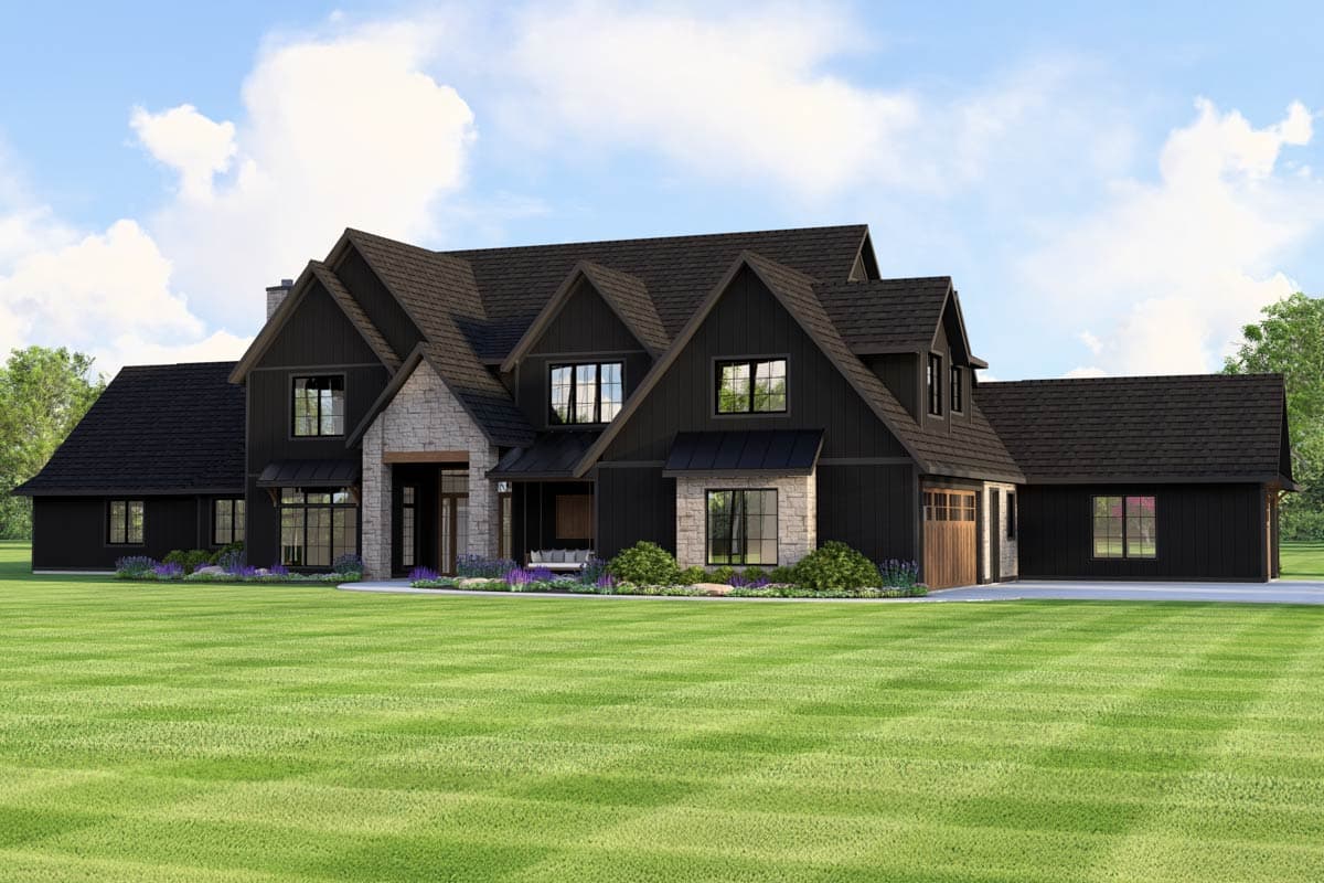 Modern Farmhouse house plan exterior with dark siding, stone accents, multiple gables, and attached garage.