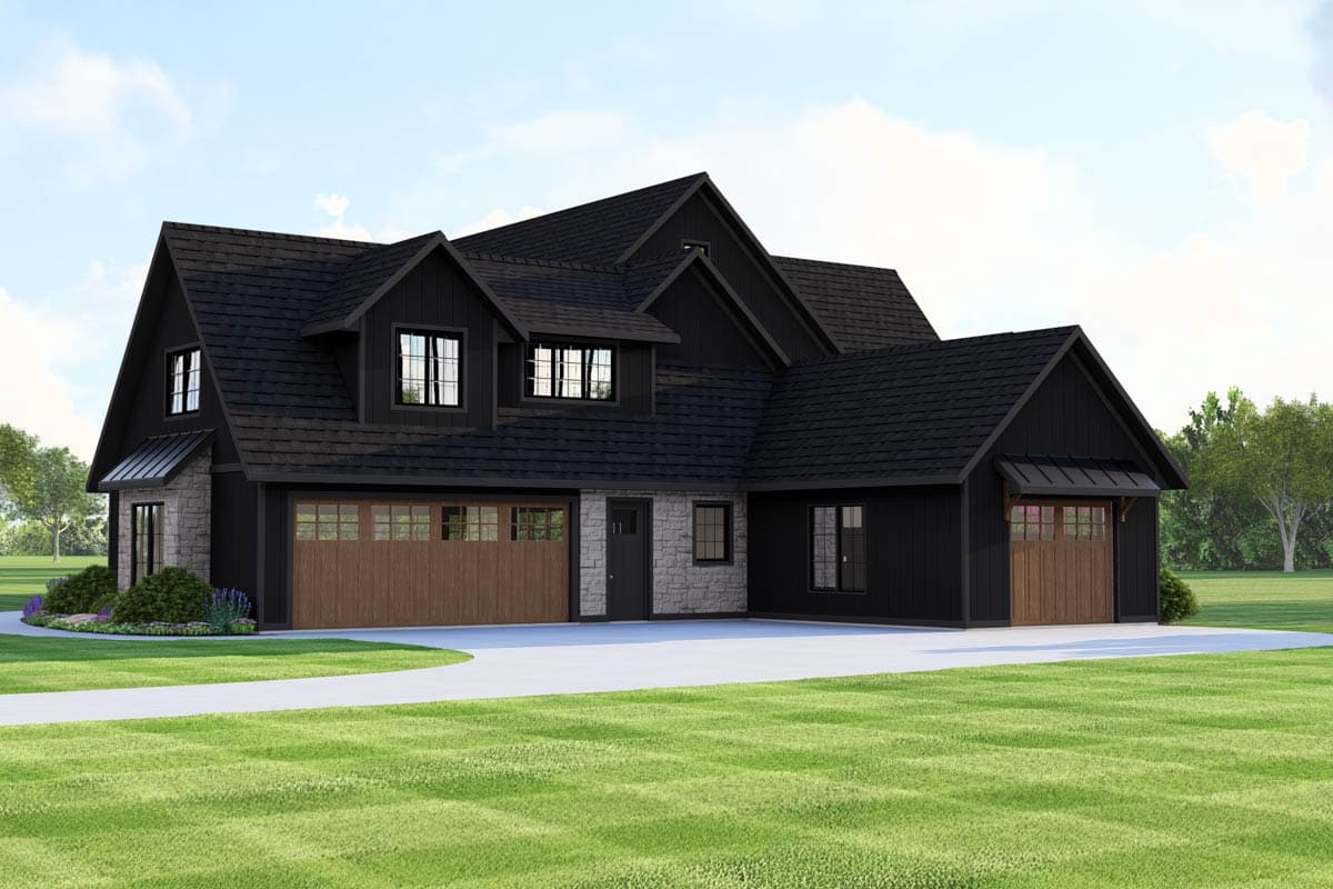 House plan exterior featuring dark siding, stone accents, a multi-story gabled roofline, and two-car garage.
