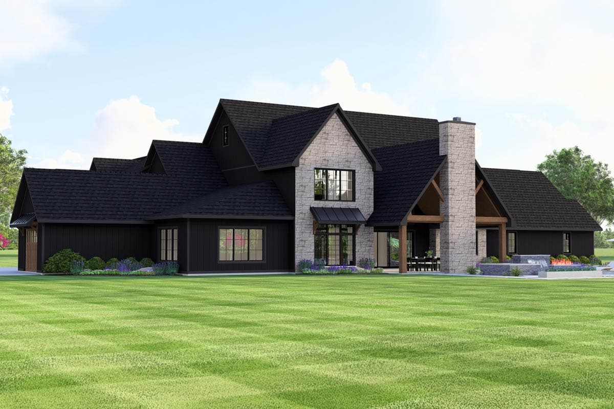 Modern Farmhouse house plan exterior with stone and dark siding, gabled dormers, covered patio with timber beams, and stone chimney.