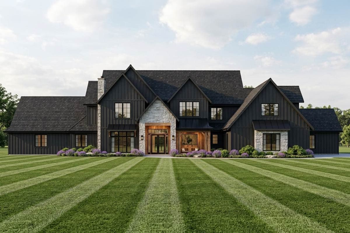 A modern, two-story house with dark siding and stone accents sits on a large, manicured lawn under a blue sky.