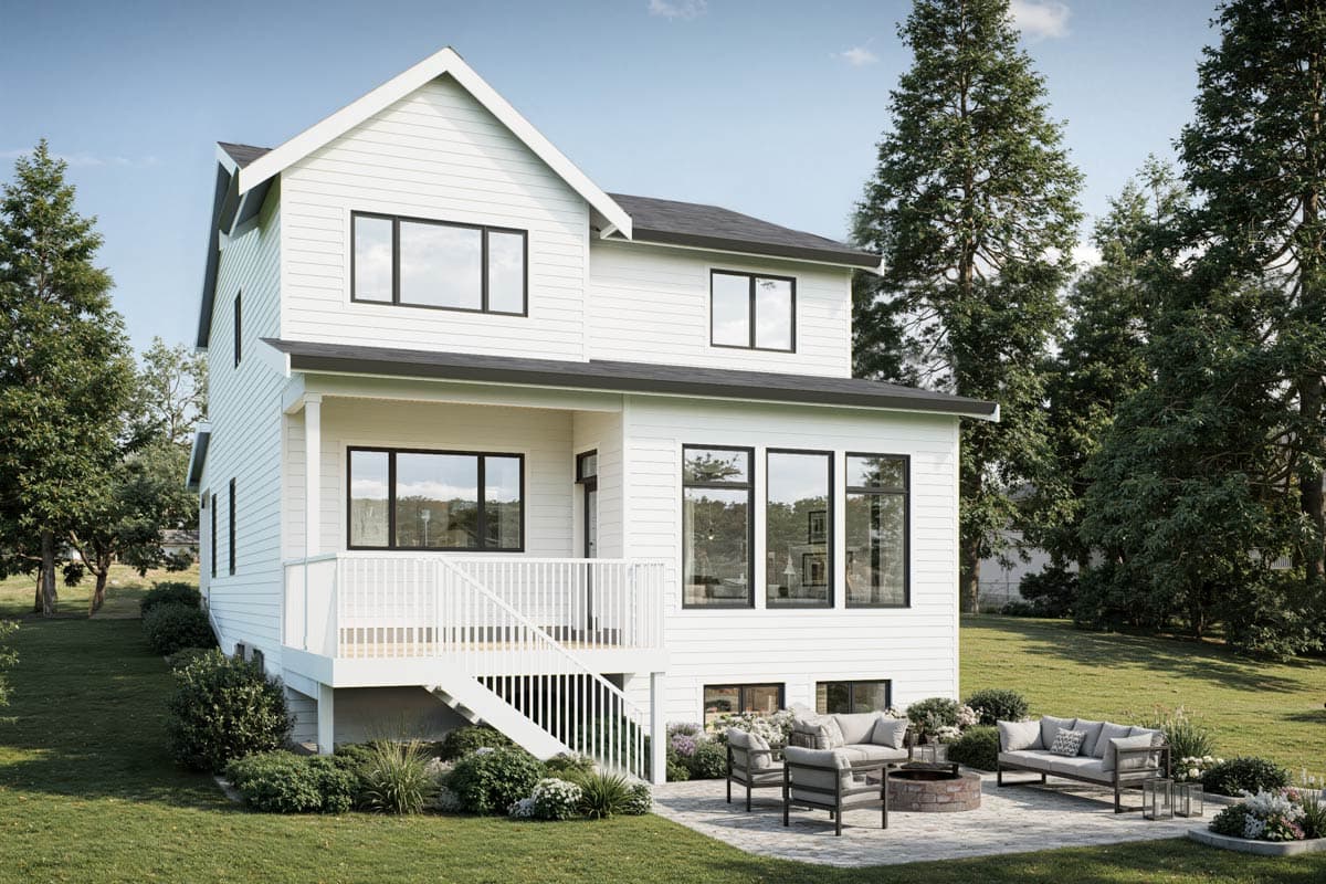 House plan exterior. Two-story Modern Farmhouse with gabled roofline and porch. Features large windows and exterior stairs.