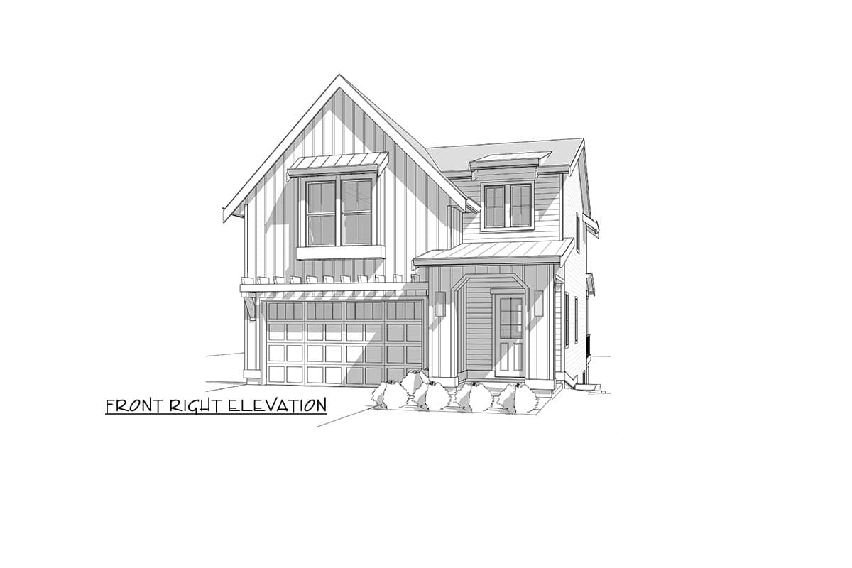 House plan exterior rendering. Two-story Modern Farmhouse style with a gable roof, garage, and front porch with decorative trim.