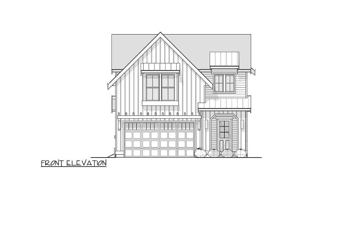 House plan exterior, front elevation. Two-story home with a gable roof, dormer, and attached garage. Includes a covered front entry.