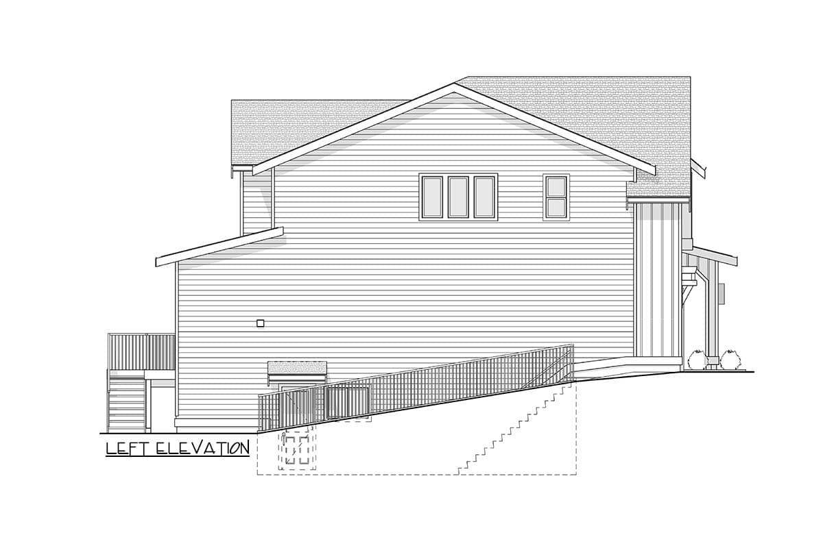 House plan exterior. Two-story with gable roof, porch, and a dormer. Features siding and a deck with railing to the left.