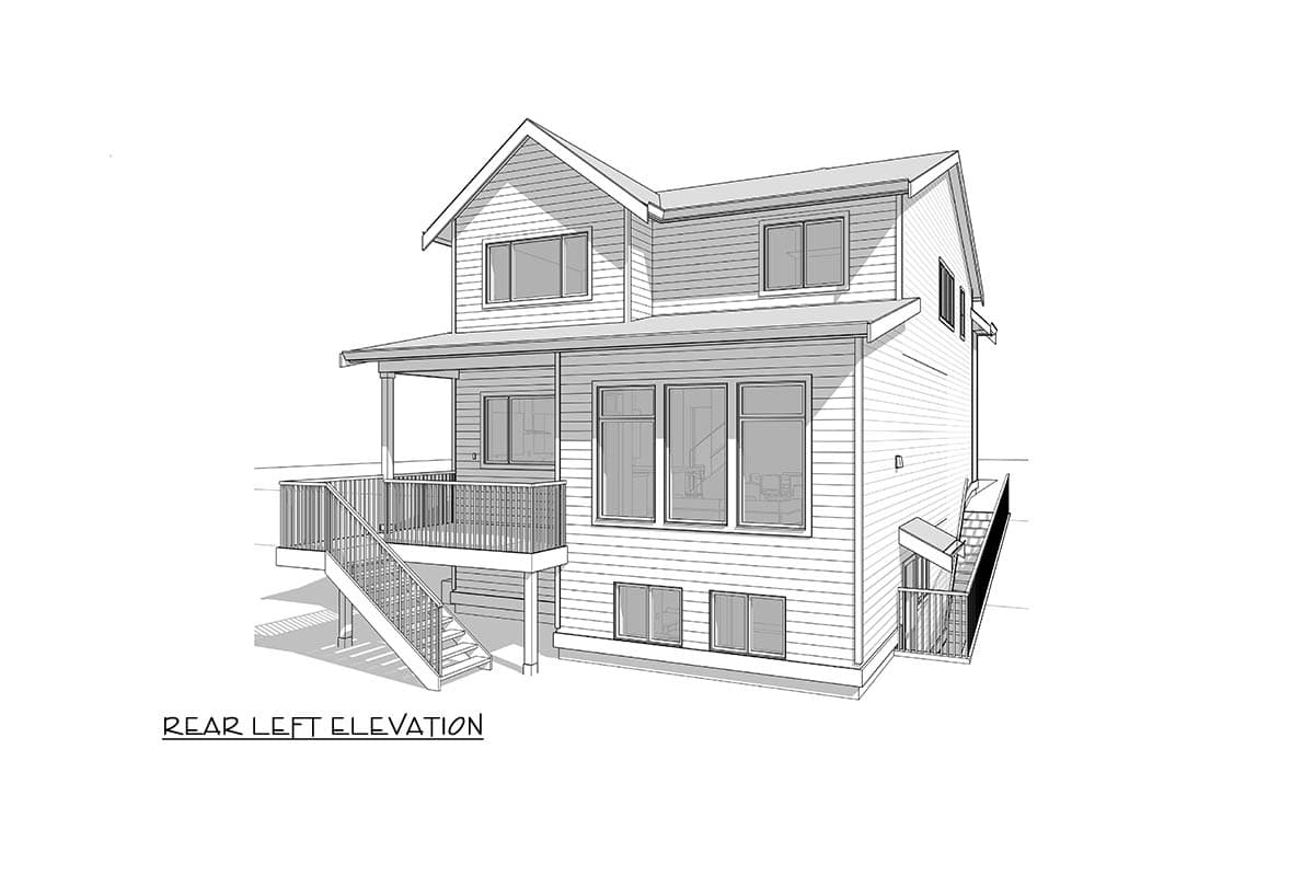 House plan exterior, two stories, with shed roof porch, gables, and deck with stairs. Rear left elevation view.