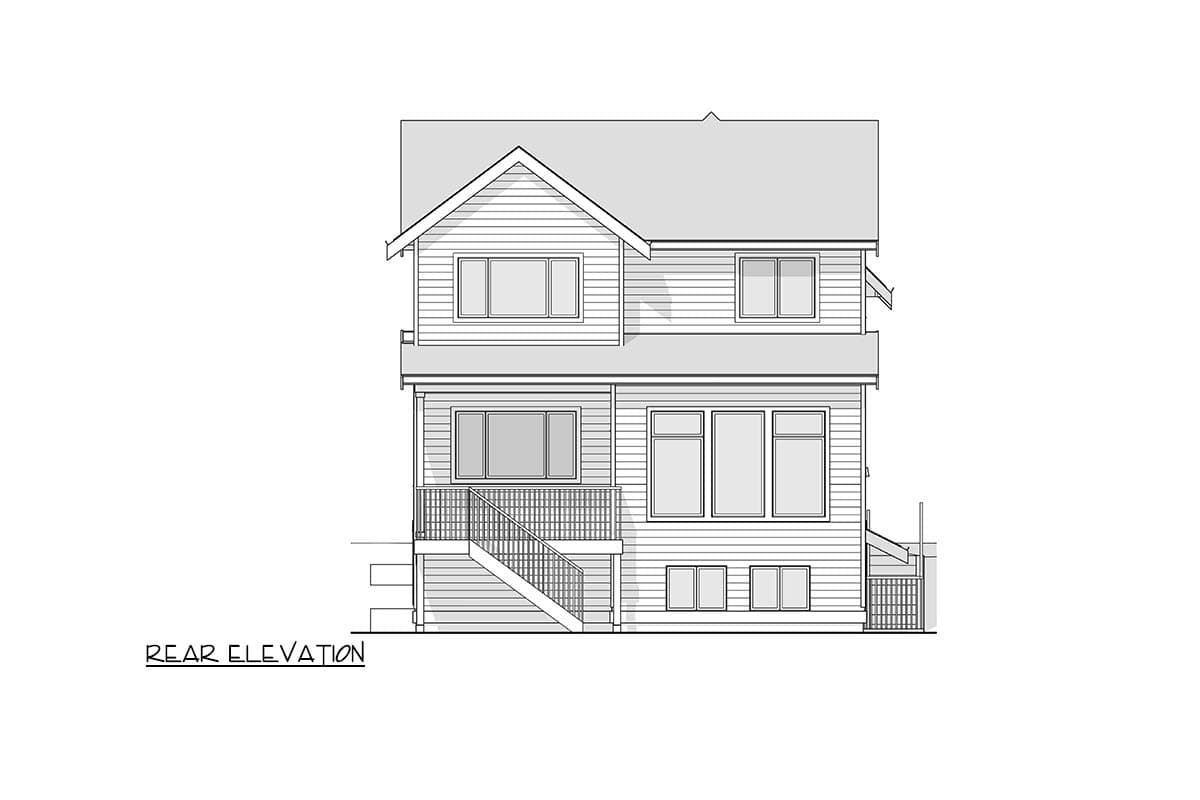 House plan exterior rear elevation. Two-story home with gabled roof, horizontal siding, porch with railings, and multiple windows.