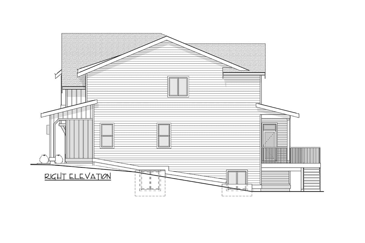 House plan exterior, right elevation view, two-story structure, with porch, gabled roof, and multiple windows.