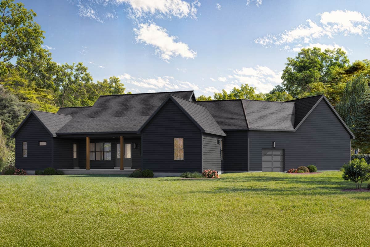 House plan exterior: Modern Ranch style, one story, with a covered front porch, gable rooflines, and a side-facing garage.