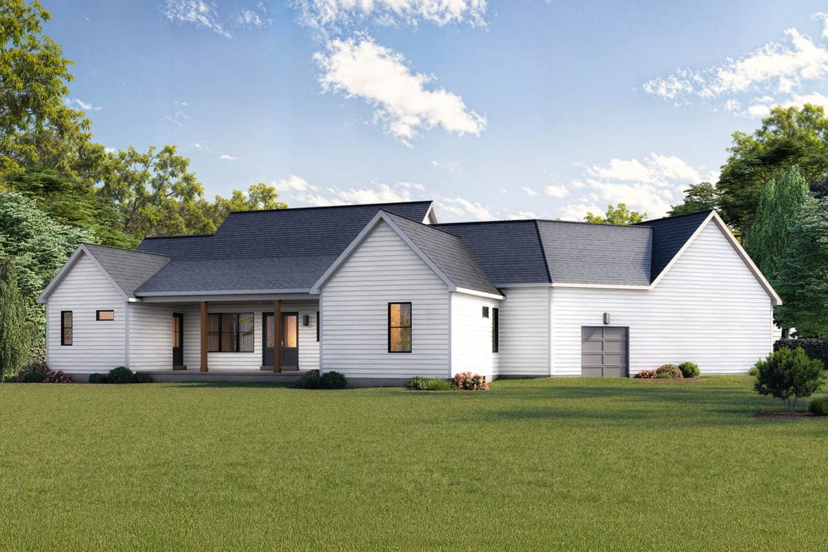 Modern Farmhouse house plan exterior with gables, covered porch, and side-entry garage.
