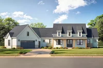 Striking Modern Farmhouse House Plan with Home Office and Angled Garage