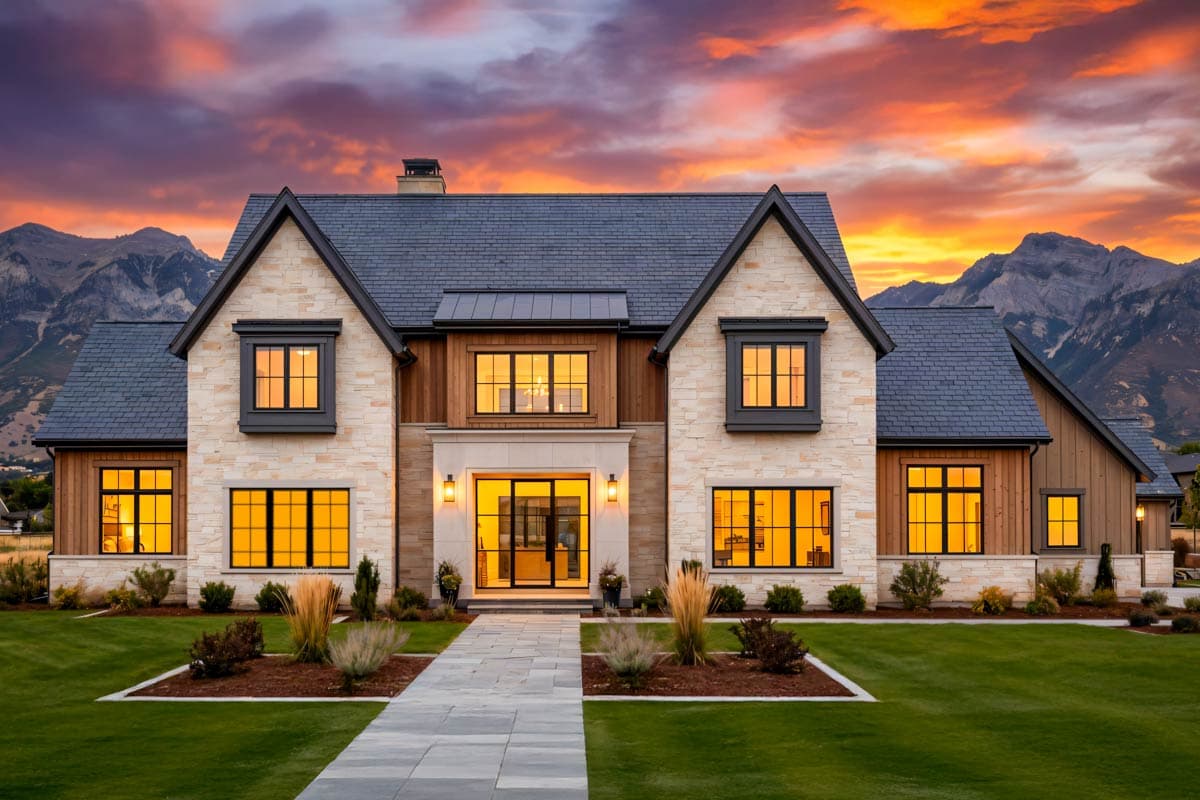 House plan exterior of a two-story Modern Farmhouse with stone and wood siding, multiple gables, and a prominent central entrance.