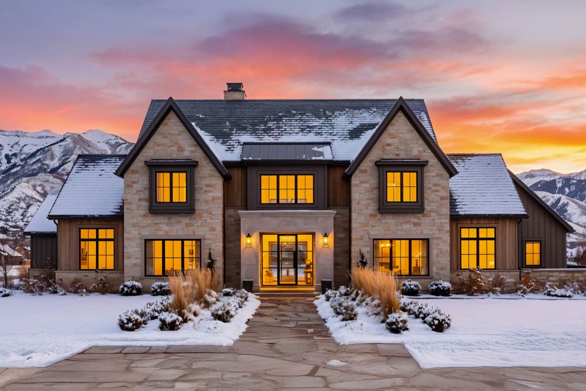 Stone-clad home at sunset. Snow covers the roof and front yard, with a pathway leading to the illuminated front door, mountain backdrop.