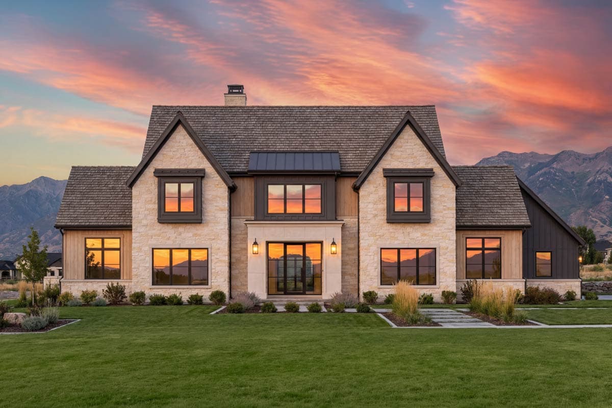 House plan exterior: stone and wood siding, pitched roof, multiple gables, and prominent window features.