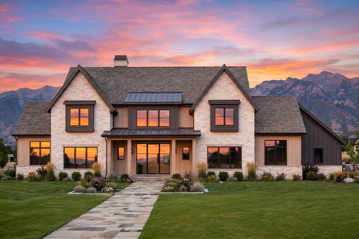 House plan exterior: Two-story Modern Farmhouse with stone and wood siding, prominent gables, and a metal-roofed entryway.