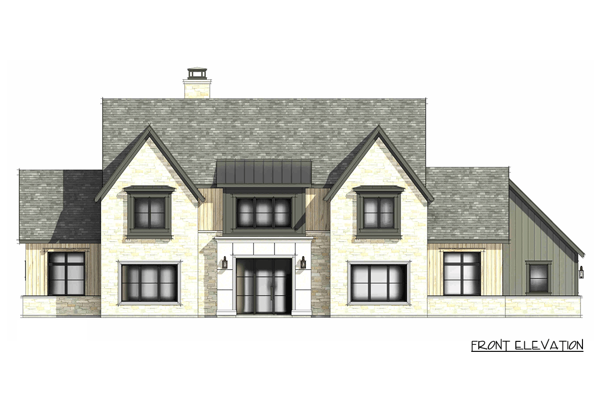 Front elevation drawing of a two-story house plan with stone and wood siding, gables, dormers, and a metal roof.