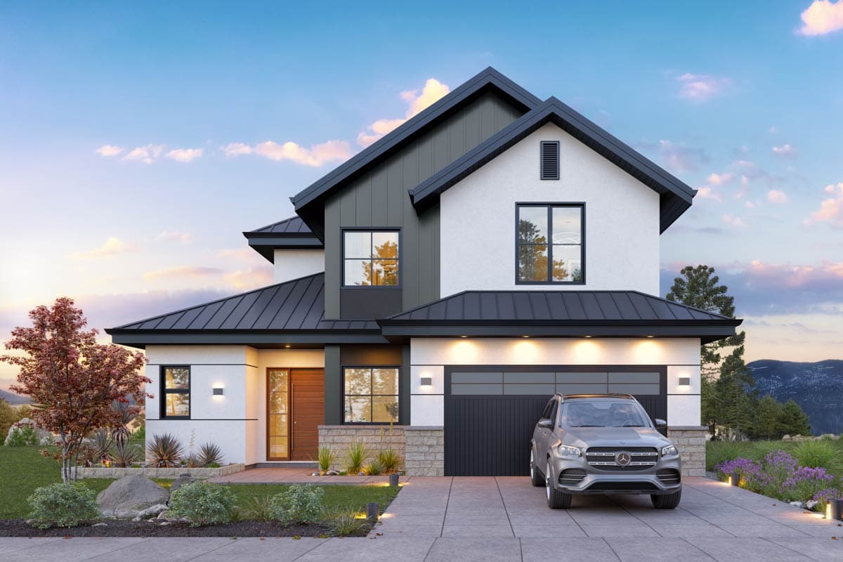 Modern two-story house with a black roof and a grey car parked in the driveway. The house has white and grey exterior walls.