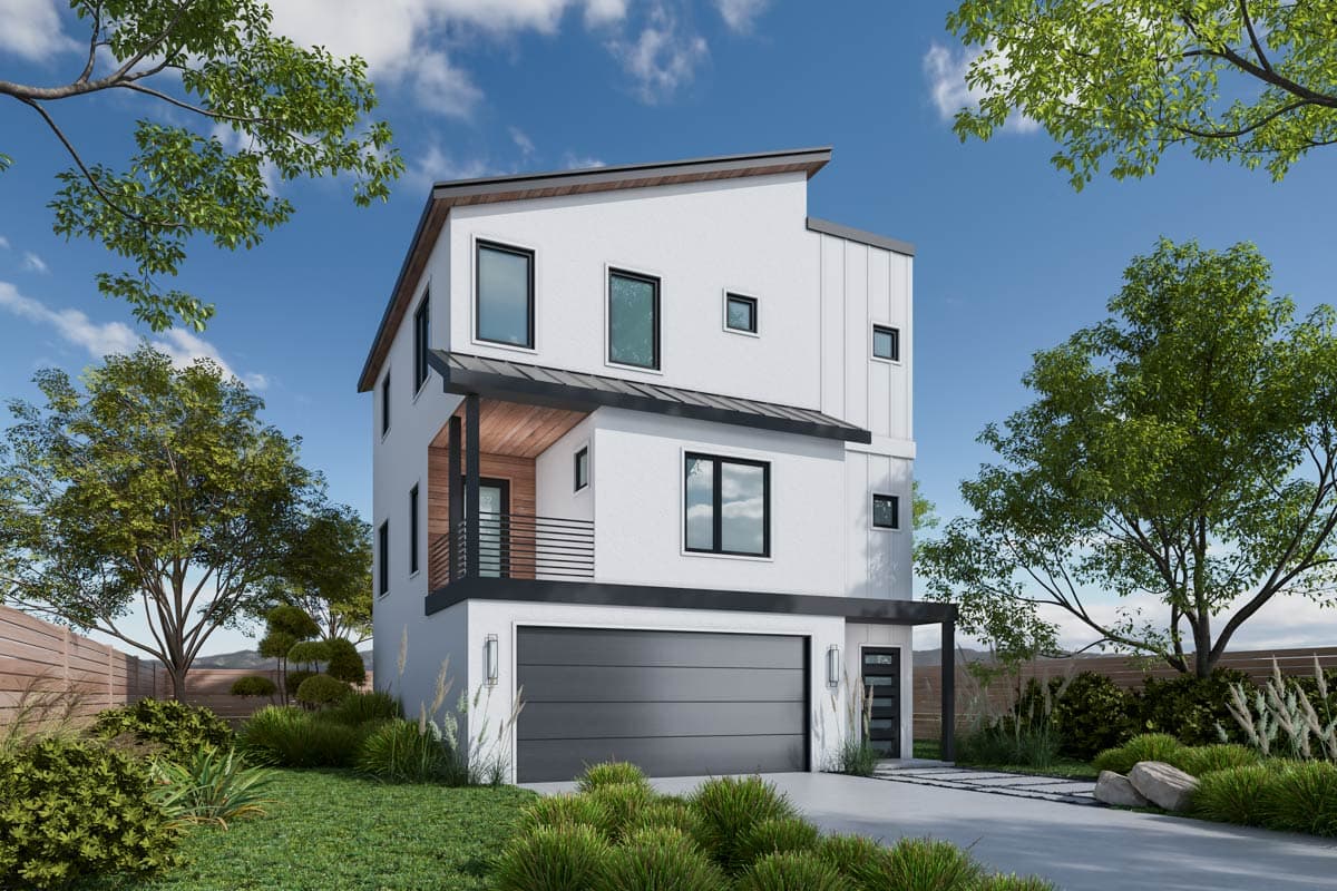 A modern three-story house with a white exterior, black trim, and a grey garage door. Lush greenery surrounds the house on a sunny day.