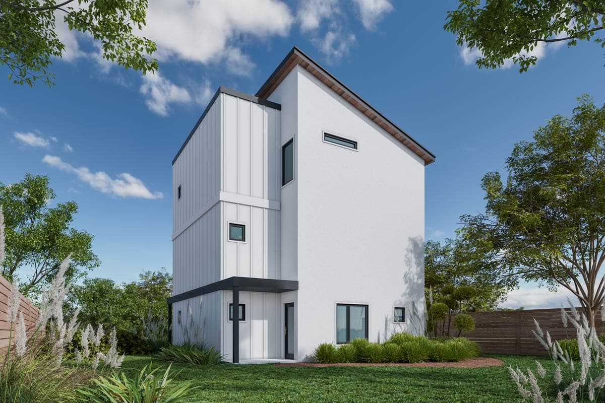 Modern house plan exterior, three stories, white stucco, metal paneling, asymmetrical gables, and a covered entry.