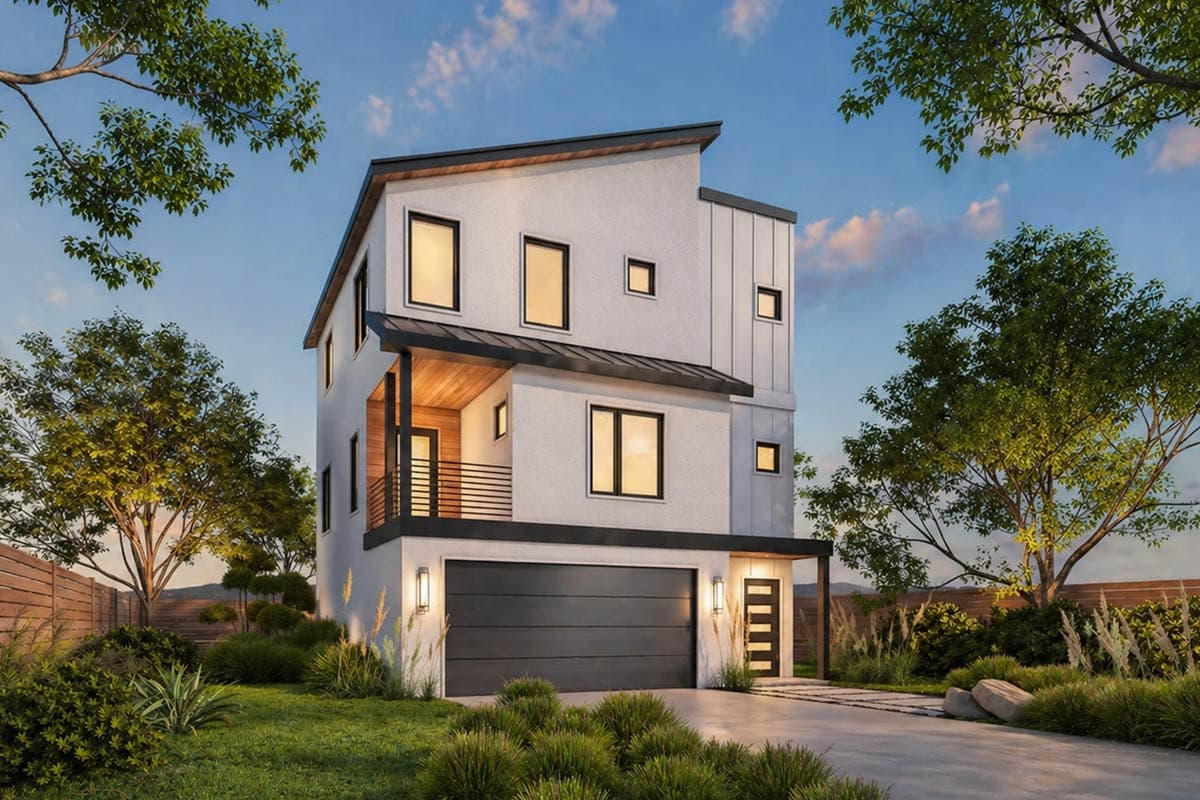 Plan 42477DB: Modern 3-Bedroom House Plan with Balcony and Drive-Under Garage - Image #1 - Contemporary, Modern