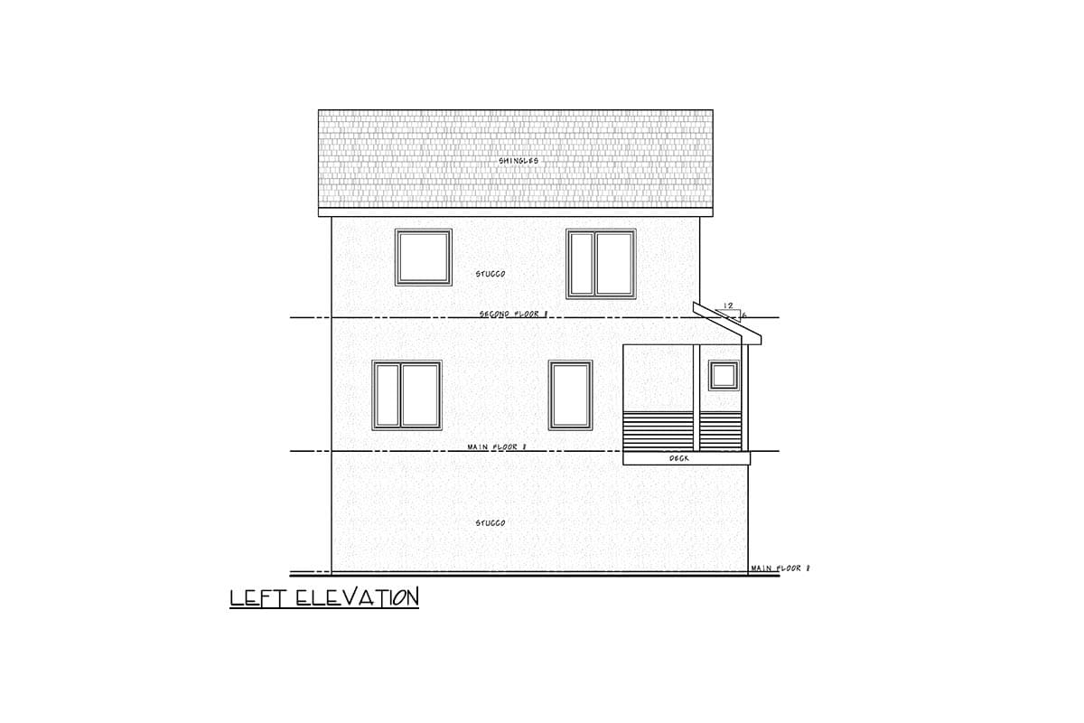 Left elevation drawing of a two-story house plan with stucco exterior, showing windows, deck, and shingles.