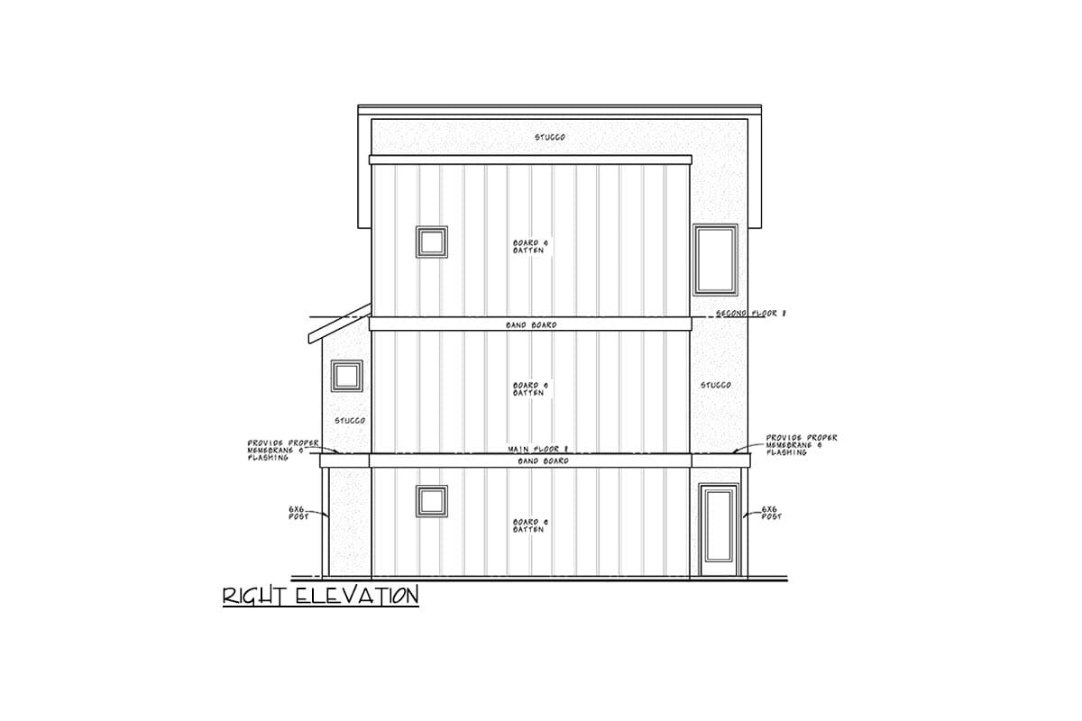 Right elevation house plan drawing showing two stories with board and batten siding and stucco.
