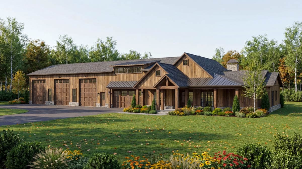 House plan exterior: Modern Farmhouse style with large attached garage, wood siding, gables, dormers, stone accents, and covered porch.