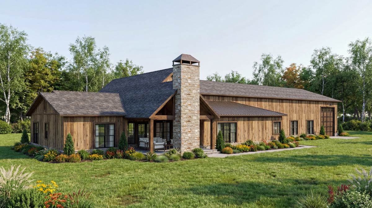 House plan exterior with wood siding, stone chimney, covered porch, and garage.