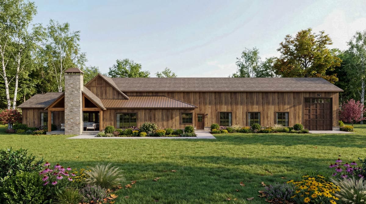 House plan exterior: Modern Farmhouse style with stone chimney, covered porch, and wood siding.