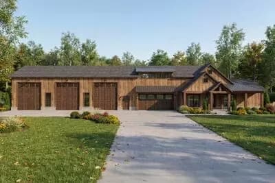 Barndominium Plan with 4 Beds, 5-Car RV Garage, Outdoor Kitchen