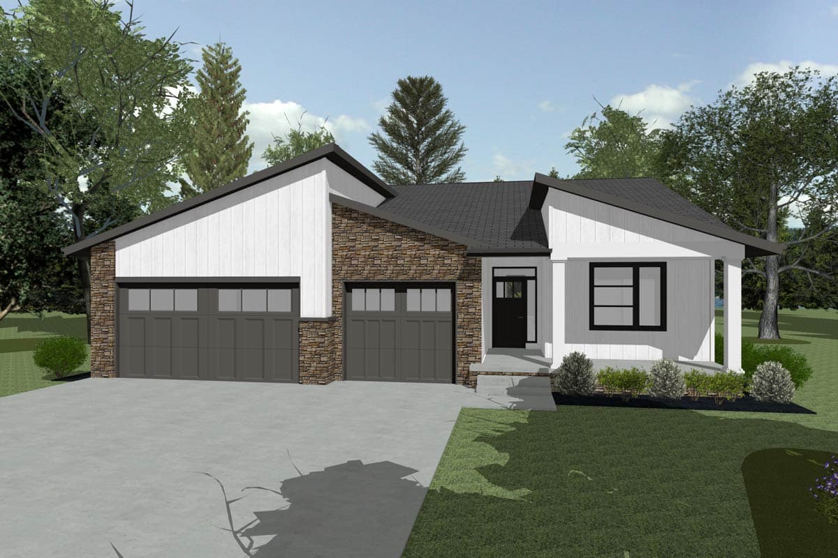 A modern house with a mix of white siding and stone veneer. It features a two-car garage, dark trim, and a small porch near the front door.