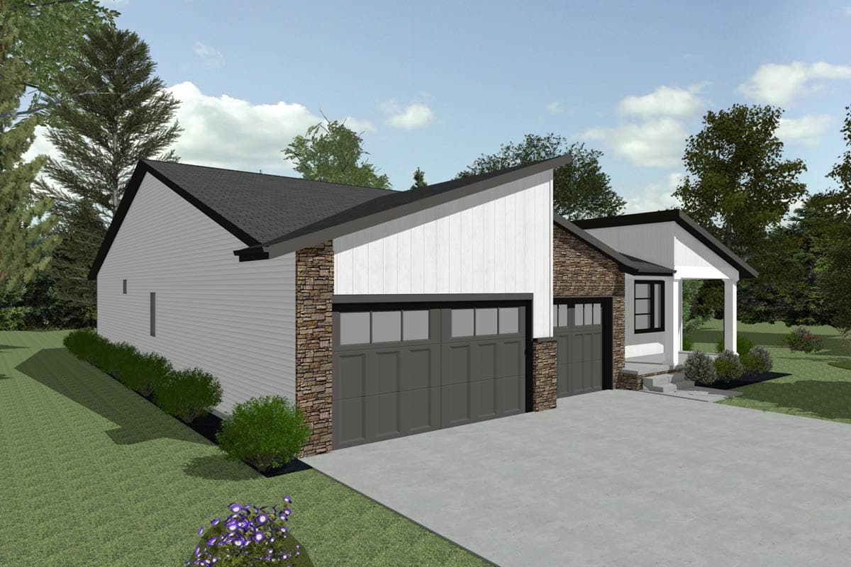 House plan exterior: Modern style, one-story, with a unique asymmetrical roofline, stone and vertical siding, and a two-car garage.
