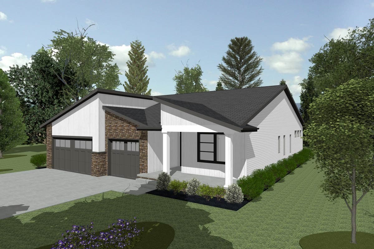 Modern house plan exterior, single-story with a pitched roof, stone accents, covered porch, and a side-facing double garage.