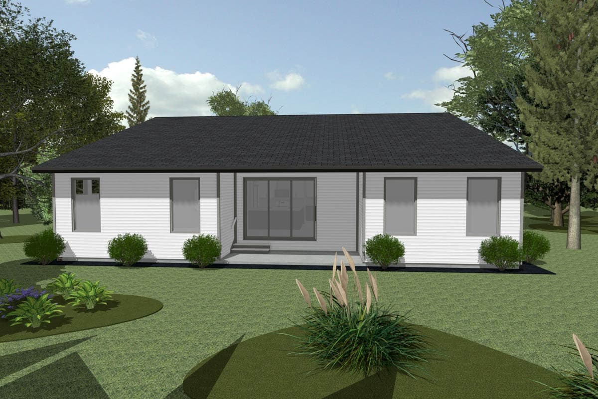 House plan exterior: single-story ranch with horizontal siding, gable roof, and sliding glass doors.