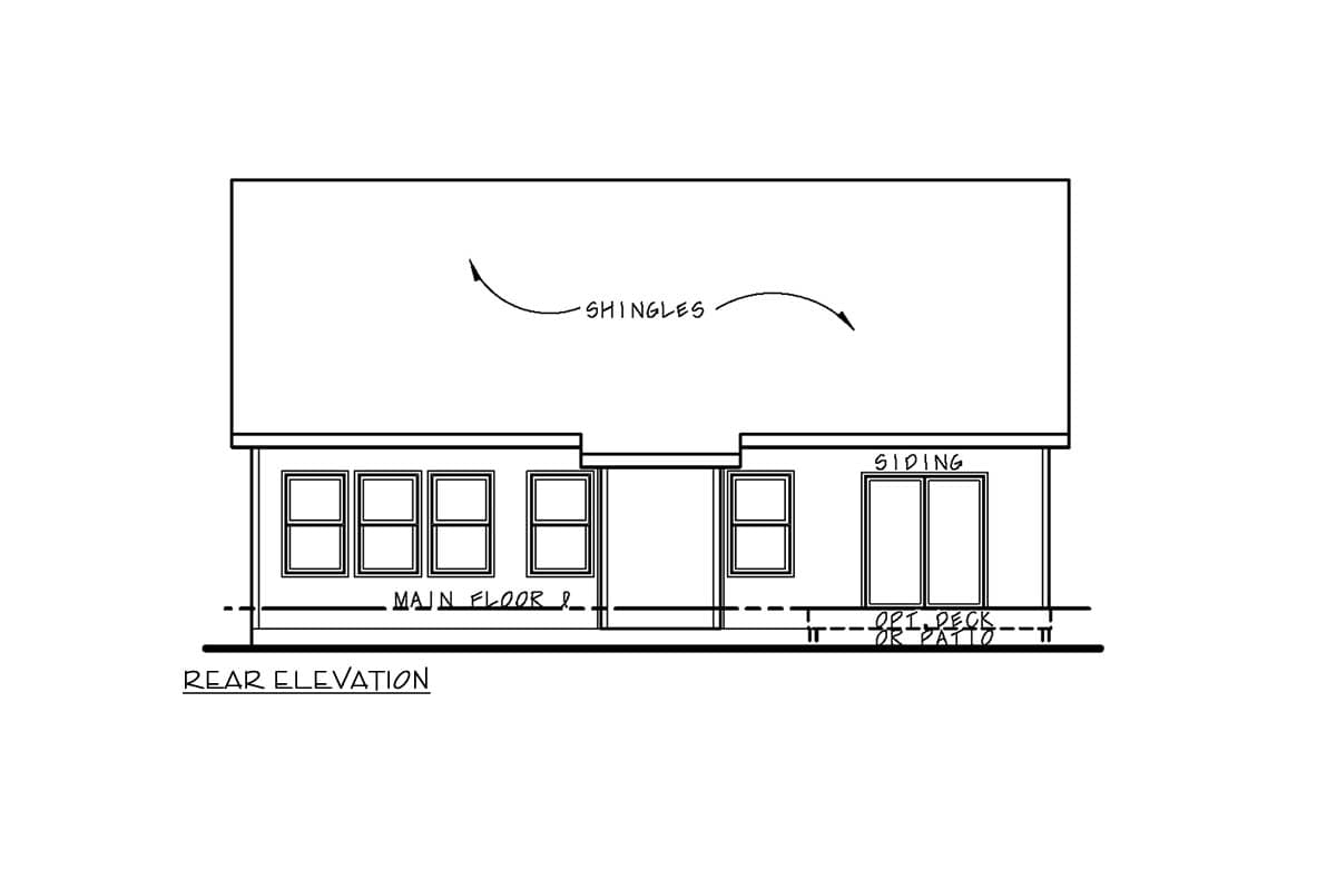 Rear elevation drawing of a house plan with three windows, a door, and sliding glass doors with an optional deck or patio.